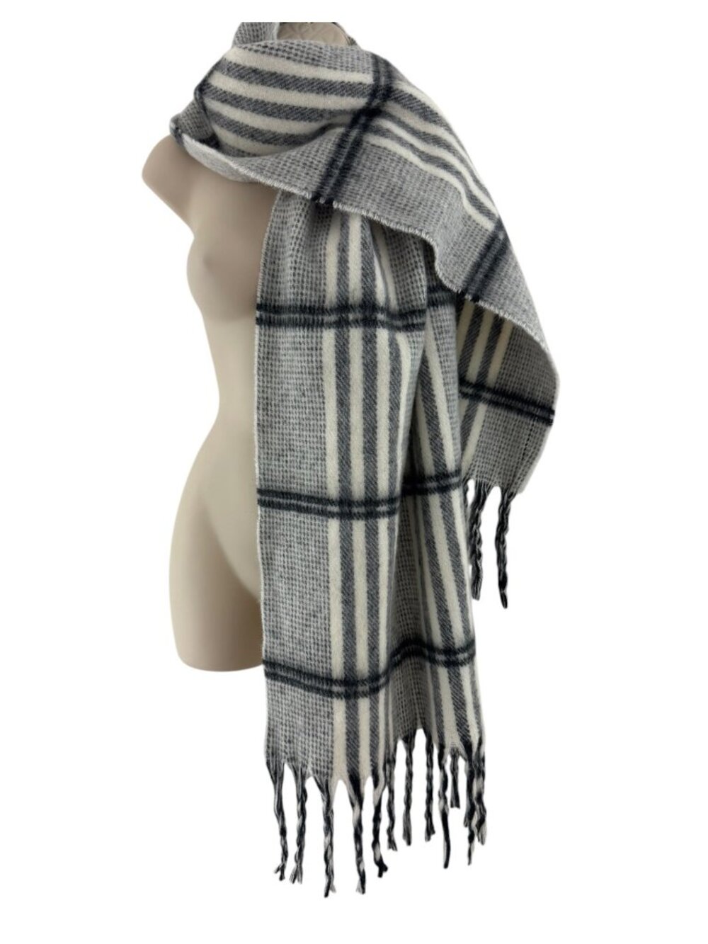 AllSaints Gray Ecru Plaid Fringe Scarf Wool-Blend Wrap Knit Winter Cozy NEW